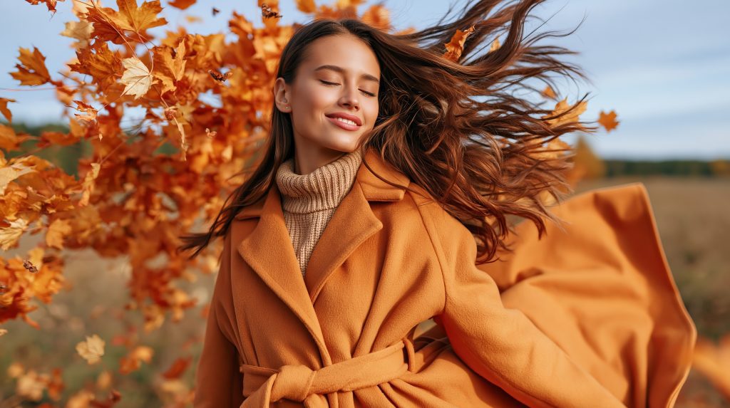 A smiling young woman stands outdoors in an autumn setting.