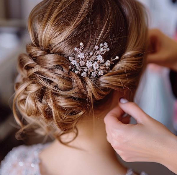 Close-up of a bride's hairstyle being finished with a decorative hairpin.